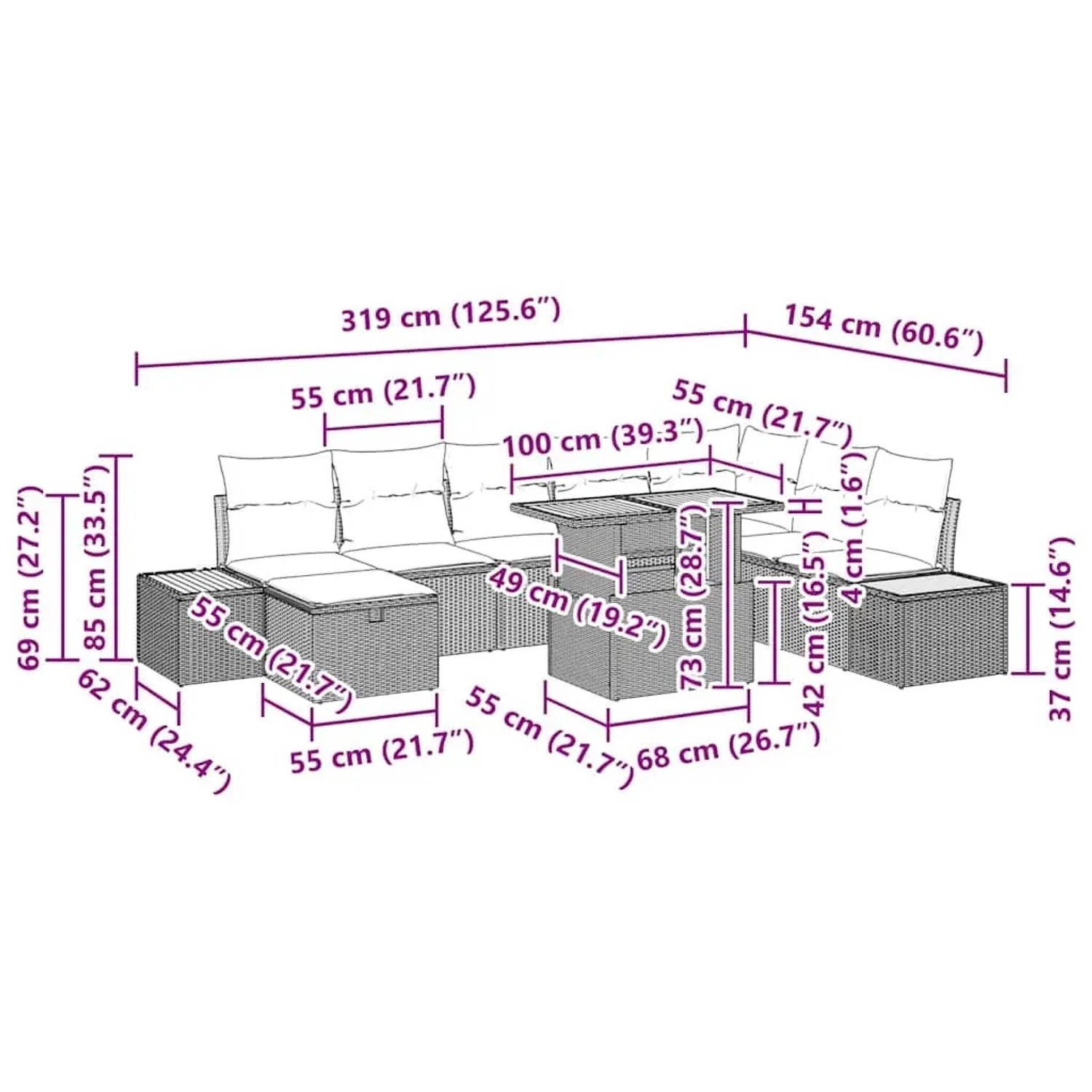 Beiges 9-teiliges Garten-Sofa-Set mit Kissen und Stauraum aus Poly Rattan von vidaXL.