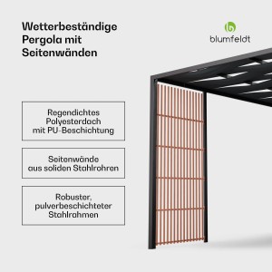 Schwarze Blumfeldt Pergola Shade Cove Vert 3x3m mit Sichtschutz aus Stahlrohren.