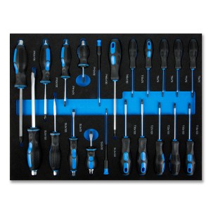 EBERTH Werkzeug Set, 114-teilig, für Werkstattwagen, blaue Schraubendreher und Bits im Schaumstoff-Einsatz.