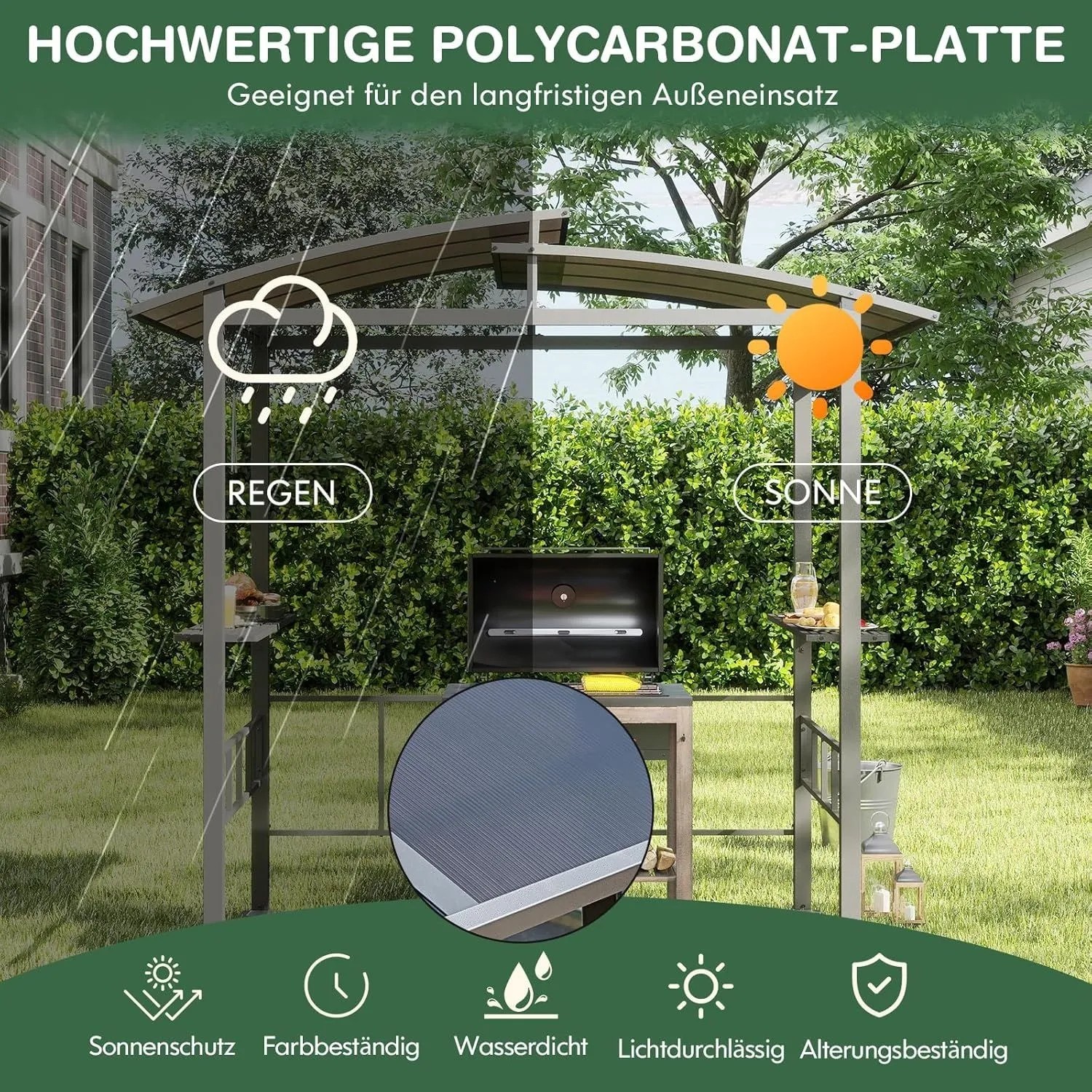 Costway Grillpavillon mit Polycarbonat-Dach und Seitenablagen in Schwarz.