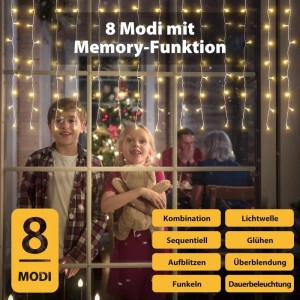 SALCAR LED Eisregen Lichtervorhang am Fenster, Kinder schauen raus. Warmweiße Weihnachtsdekoration mit 8 Modi.