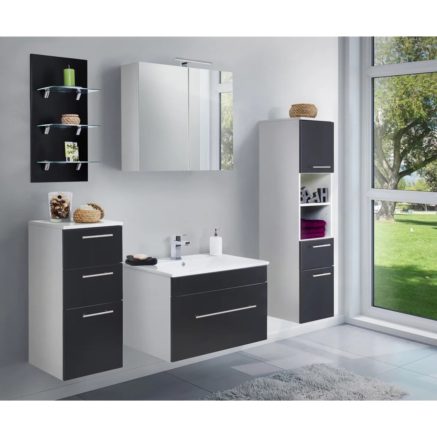 Posseik Waschplatz Viva 75 cm, schwarz seidenglanz, mit Waschbecken und Unterschrank.
