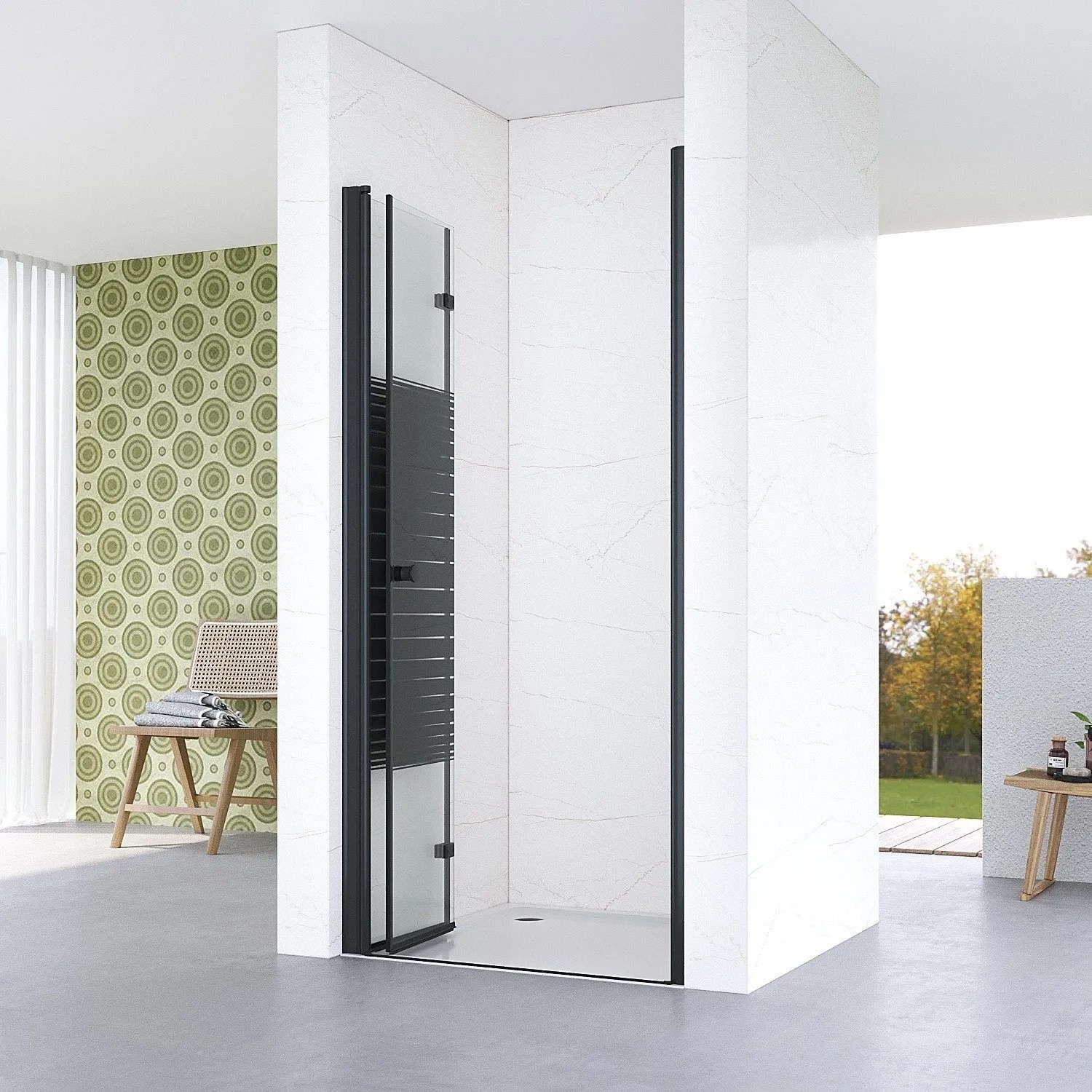 Aquabatos Dusch-Falttür mit 5mm ESG Glas, schwarzen Streifen und matt schwarzen Profilen in moderner Nische.