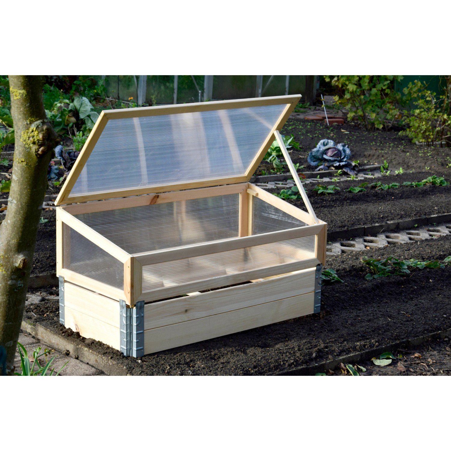 Frühbeet Pflanzbeet mit Untersatz Größe L aus Kiefernholz und Polycarbonat-Aufsatz.
