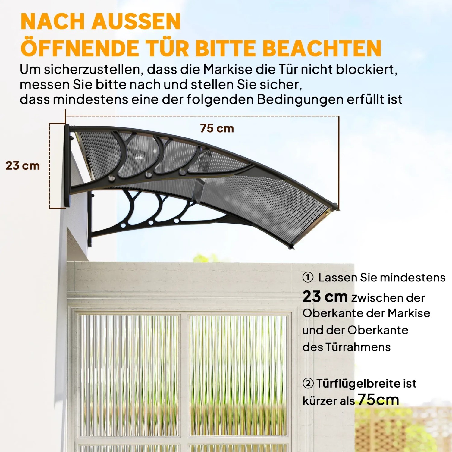 Outsunny Haustür Vordach aus Polycarbonat, schwarz, 100x75x23cm. Wetter- und UV-beständig.