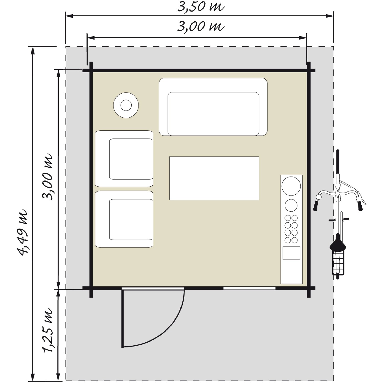 Grundriss Kiehn-Holz Gartenhaus KH 28-028 Unberührt, 300x300 cm, mit Maßen und Einrichtungsskizze.