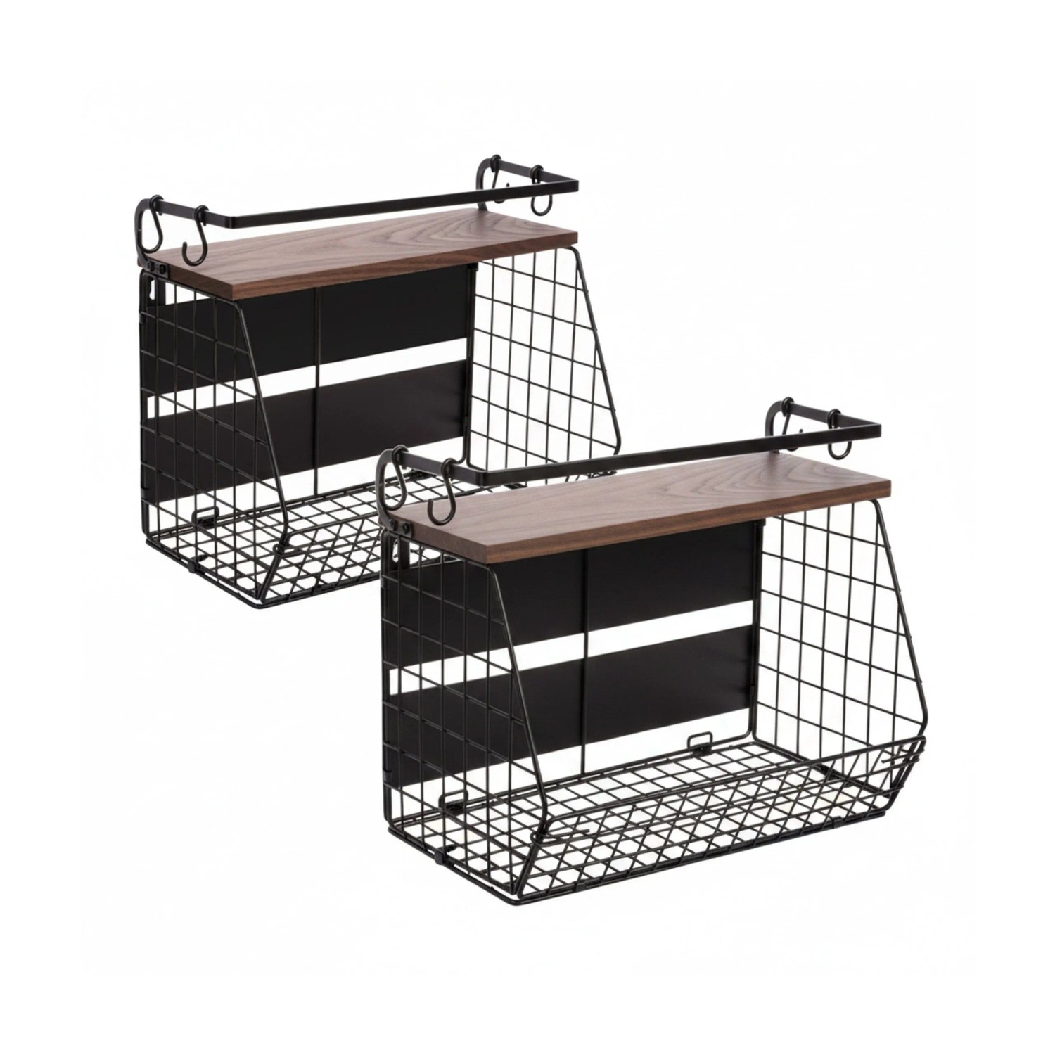 Relaxdays Obstkorb Wandregal Eisen Gummiholz PP Magnetisch 2er Set 30 cm x 35,5 cm x 21 cm 2 kg