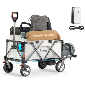 Litheli Bollerwagen W1 Pro mit Akku, beladen mit Campingausrüstung. Faltbarer, elektrischer Handwagen für Spiel & Spaß.