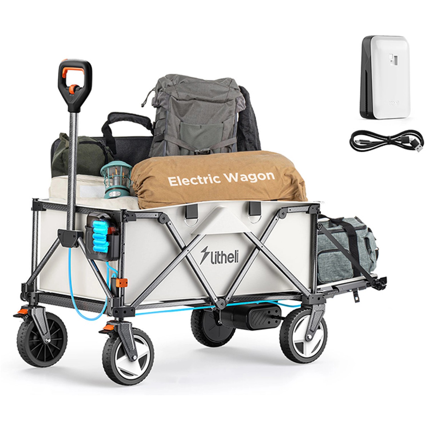 Litheli Bollerwagen W1 Pro mit Akku, beladen mit Campingausrüstung. Faltbarer, elektrischer Handwagen für Spiel & Spaß.
