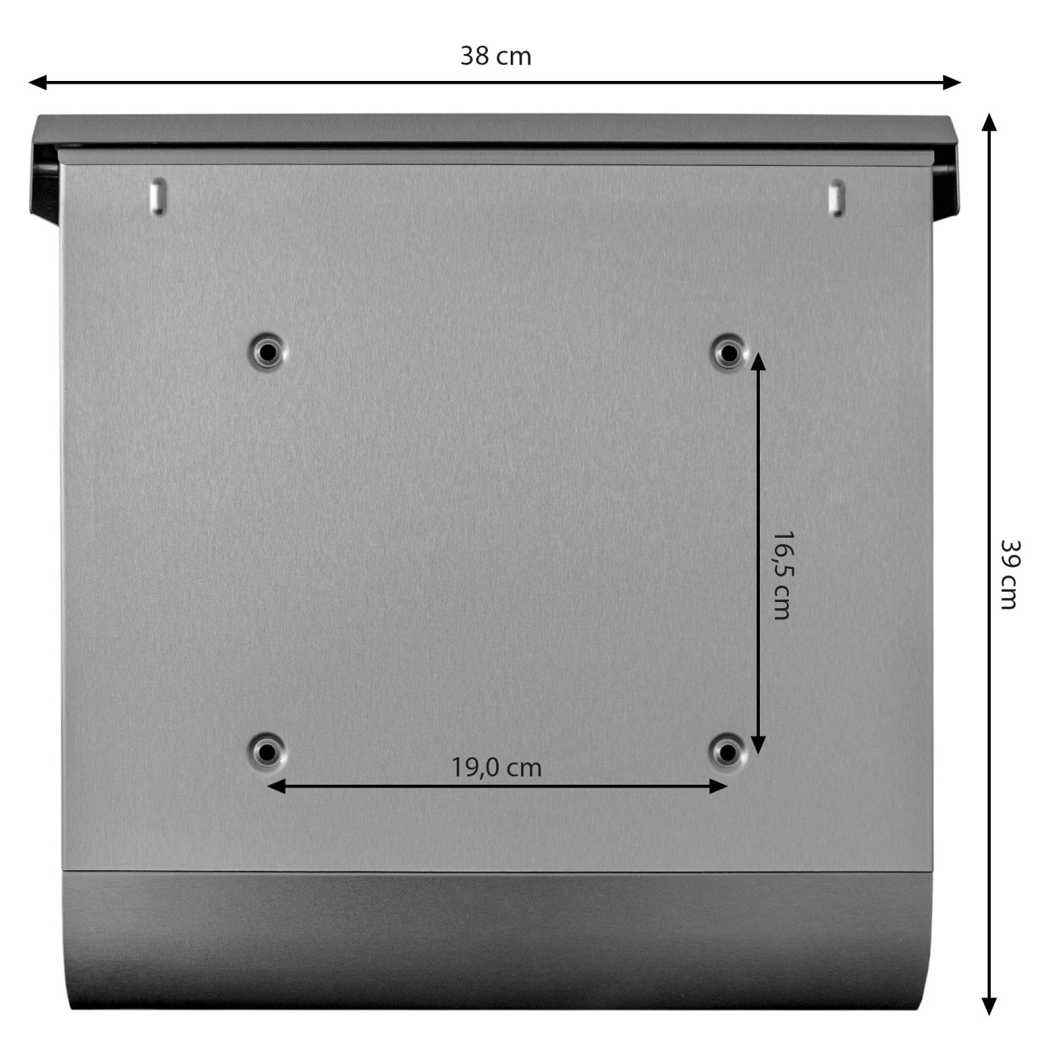 Detailansicht des Banjado Briefkasten Edelstahl 38x39x12cm mit Zeitungsfach und Montagematerial.