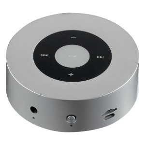 Silberner Kaminio Knister Lautsprecher Moritz für Elektrokamine mit Bluetooth.