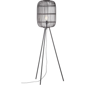 Schwarze Dreibein-Stehlampe Woodrow von Brilliant mit Rattan-Schirm für gemütliches Licht.