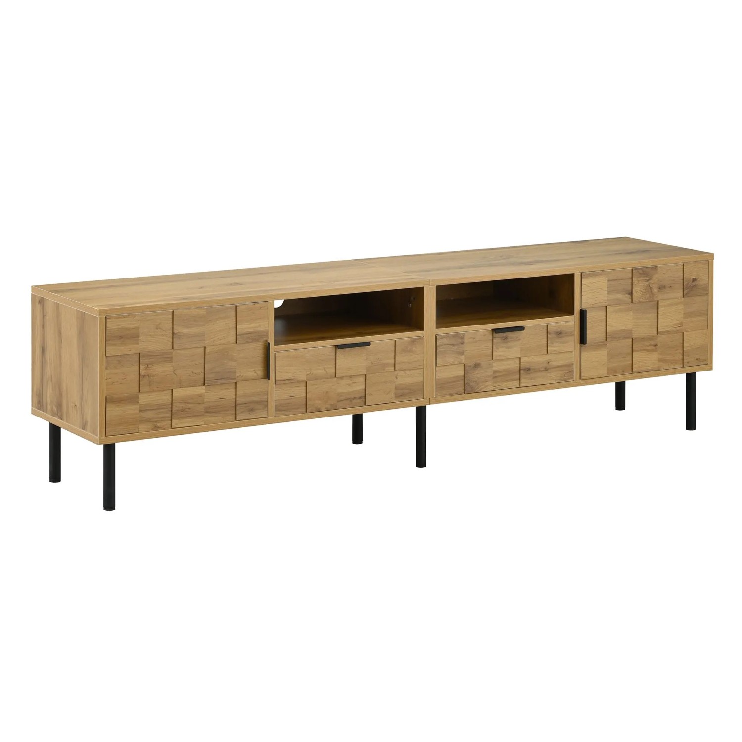 okwish TV Schrank Mosaik 2 Türen 2 Schubladen Offene Fächer Metallfüße 160x35x42.5cm Natur