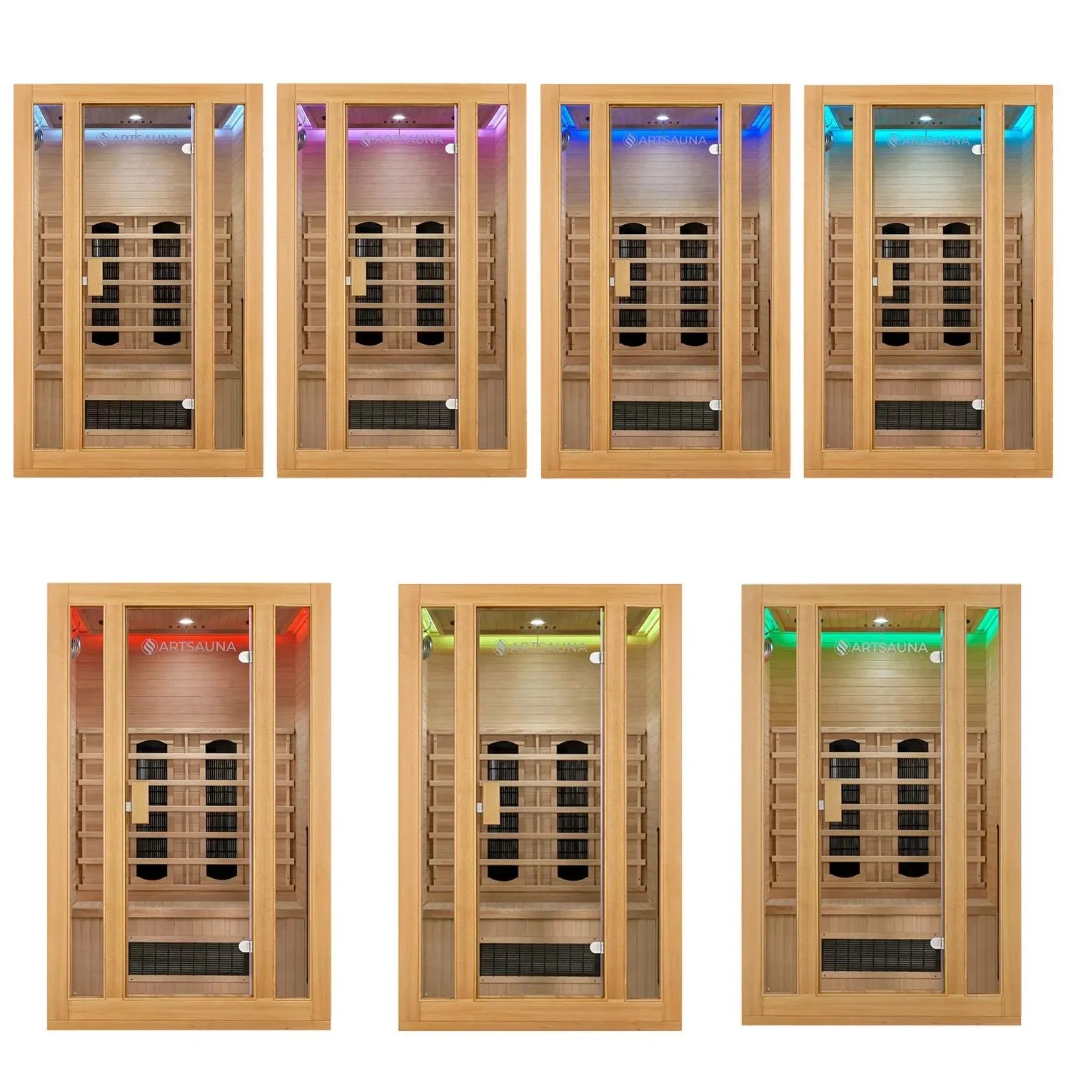 Artsauna Infrarotkabine Nyborg S120K mit LED-Ambientebeleuchtung in verschiedenen Farben.