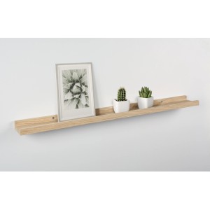 Holz-Bilderleiste Bix, 80 cm, Eiche, mit Deko-Bild und Pflanzen auf weißer Wand.