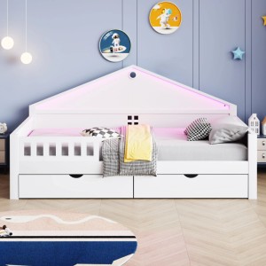 Weißes Merax Kinderbett 90x200cm mit Haus-Kopfteil, pinker LED-Beleuchtung und zwei Schubladen im Kinderzimmer.
