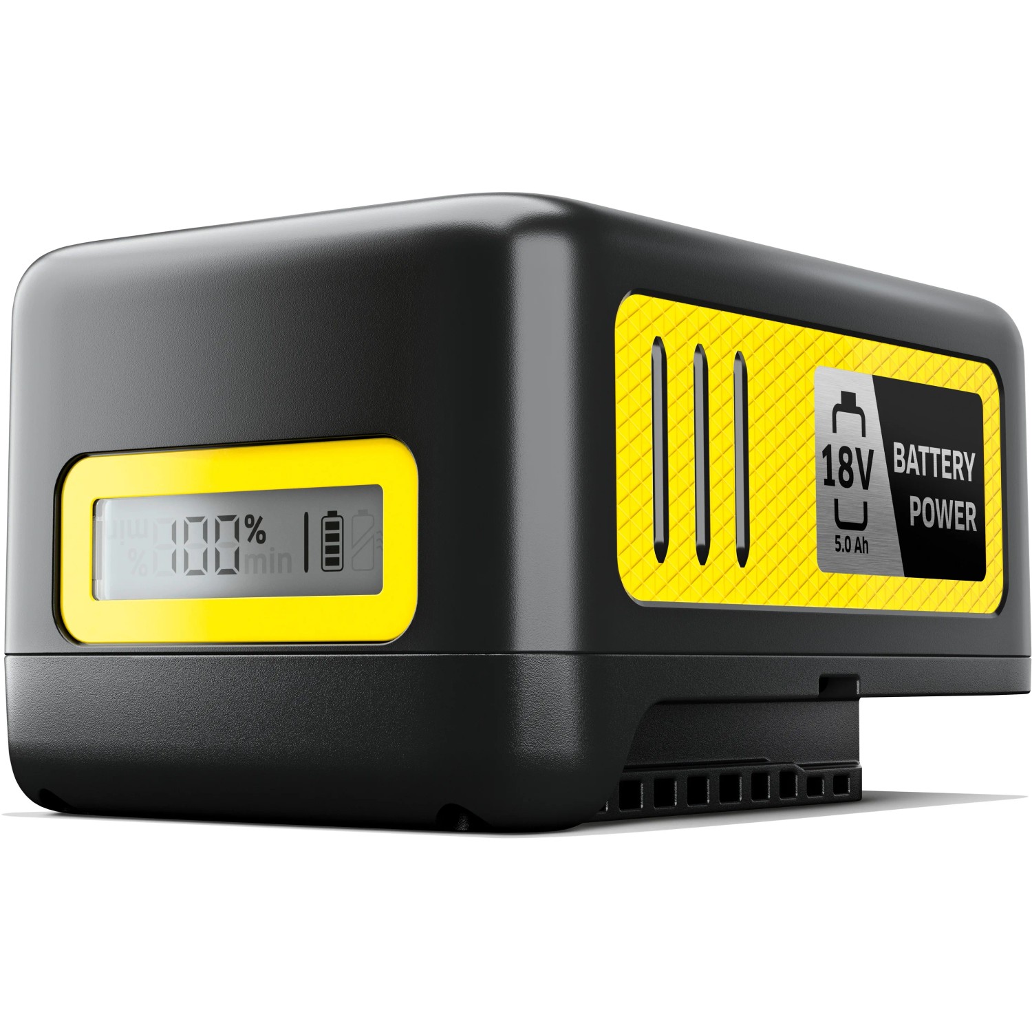 Kärcher Akku Battery Power 18 V/5 Ah: Schwarzer Akku mit gelben Akzenten und Ladezustandsanzeige.