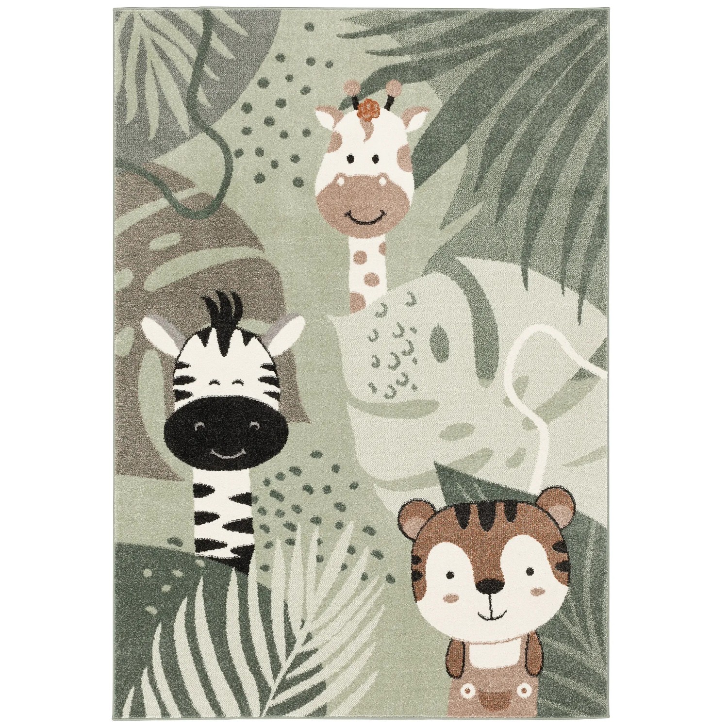 Grüner Kinderteppich mit Safari-Motiv: Zebra, Giraffe und Tiger zwischen Blättern.