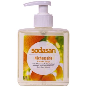 Sodasan Küchenseife 300 ml im weißen Pumpspender. Geruchneutralisierende Reinigung. Transparentes Fläschchen mit Zitrus-Etikett.