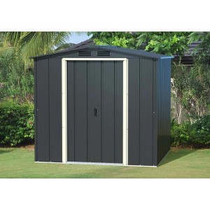 DURAMAX Metall-Gerätehaus 1,8x1,8m in Anthrazit, mit Schiebetür und Belüftung im Giebeldach.