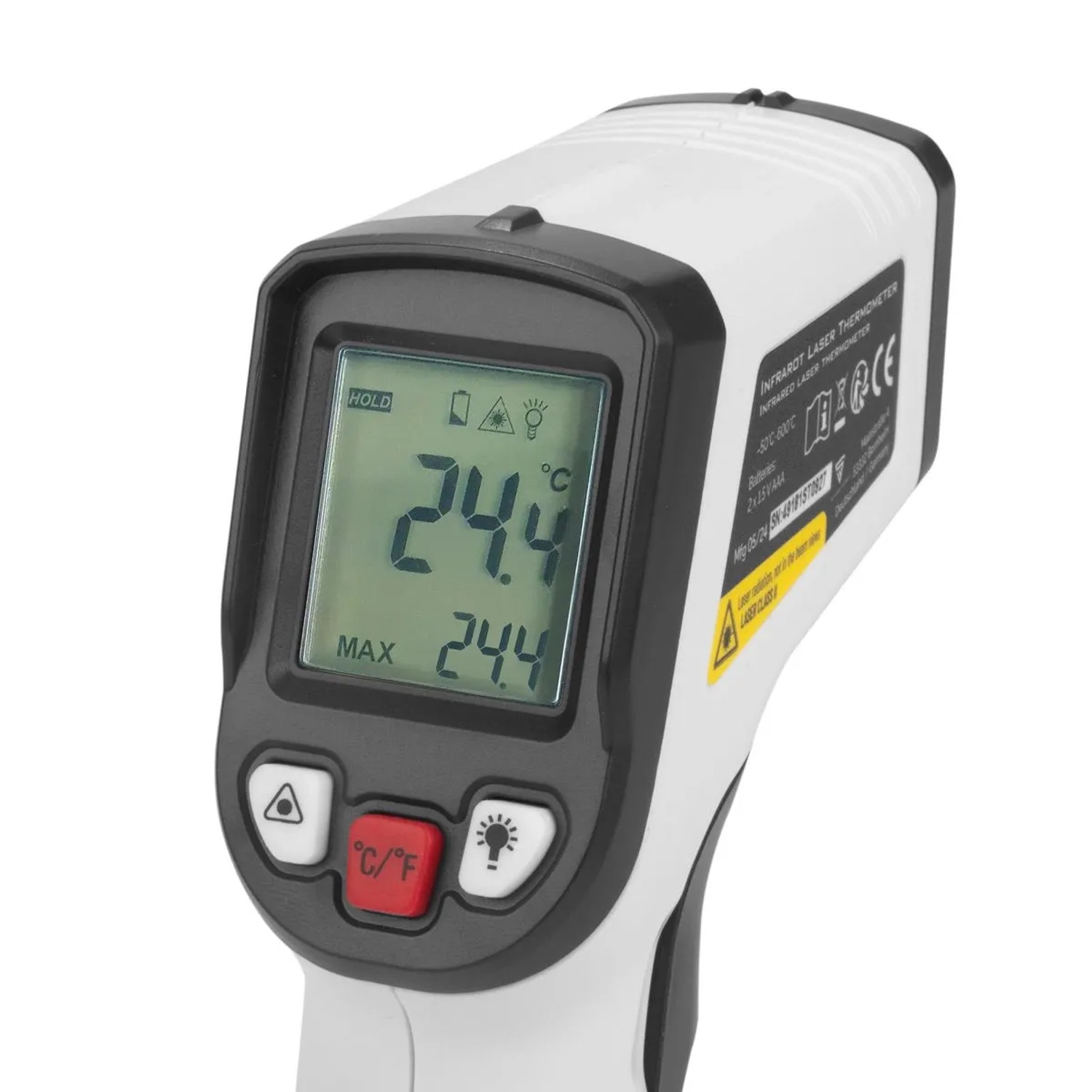 STAHLWERK Infrarot-Laser-Thermometer mit digitalem Display zeigt 24.4 °C. Kontaktloses Pyrometer für präzise Temperaturmessung.
