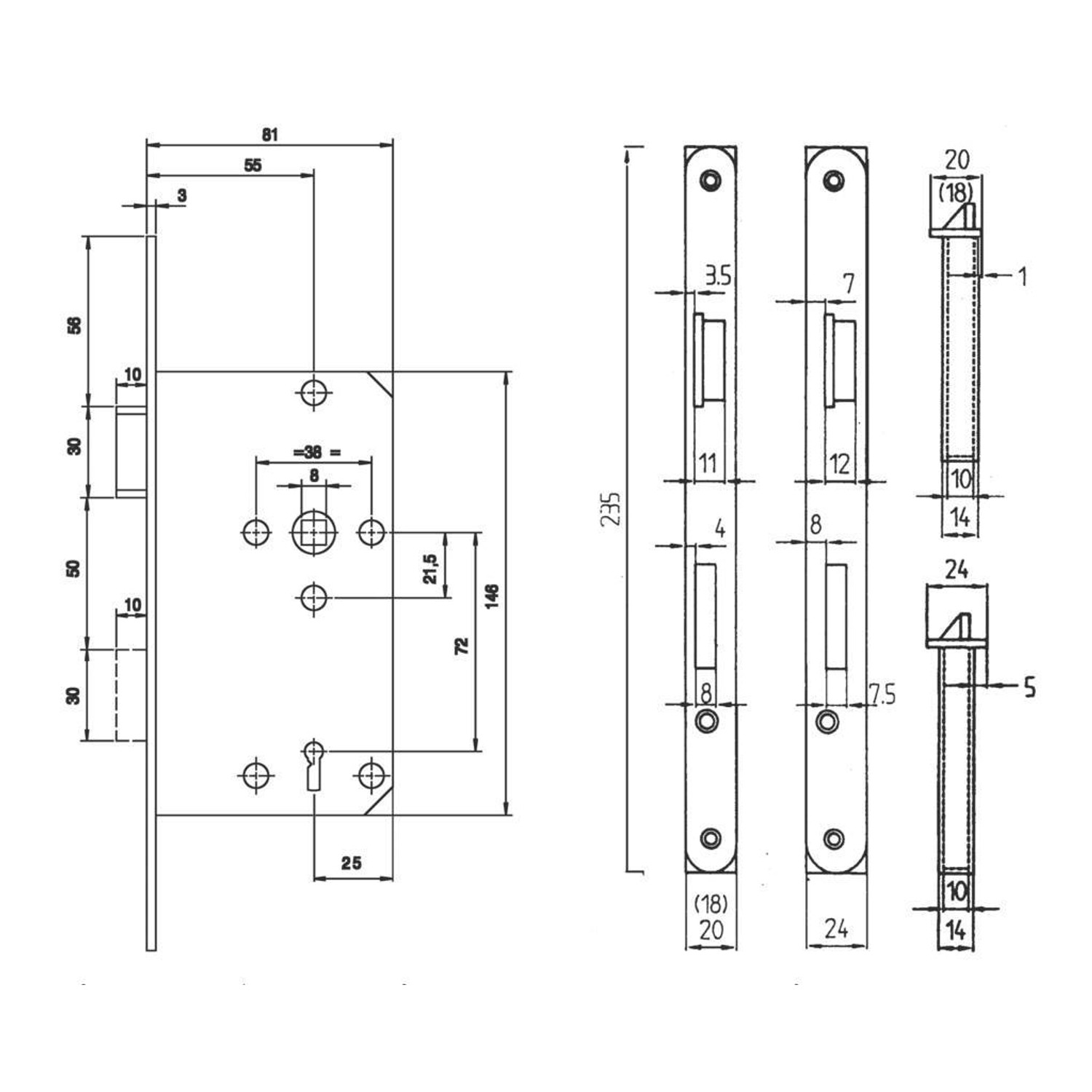 Technische Zeichnung: Zimmertür-Einsteckschloss, Buntbart, stumpf, DIN rechts, silber lackiert mit Maßen.