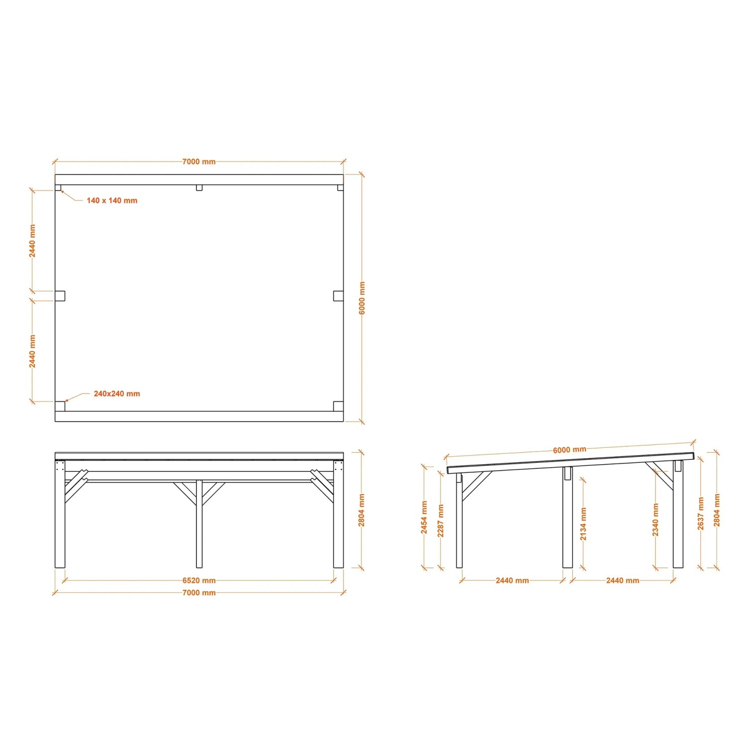 Technische Zeichnung: Holzbrüder Carport Ralf 42, 250 kg/m², Natur/Schwarz, Maße und Details.