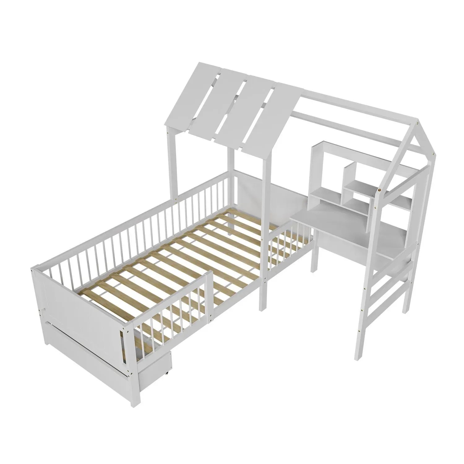 Weißes Juskys Kinderbett Yari 90x200 cm mit integriertem Schreibtisch und Schublade.