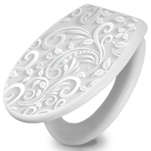 Weißer Banjado WC-Sitz mit Absenkautomatik und floralem White Swirl Motiv aus Duroplast.