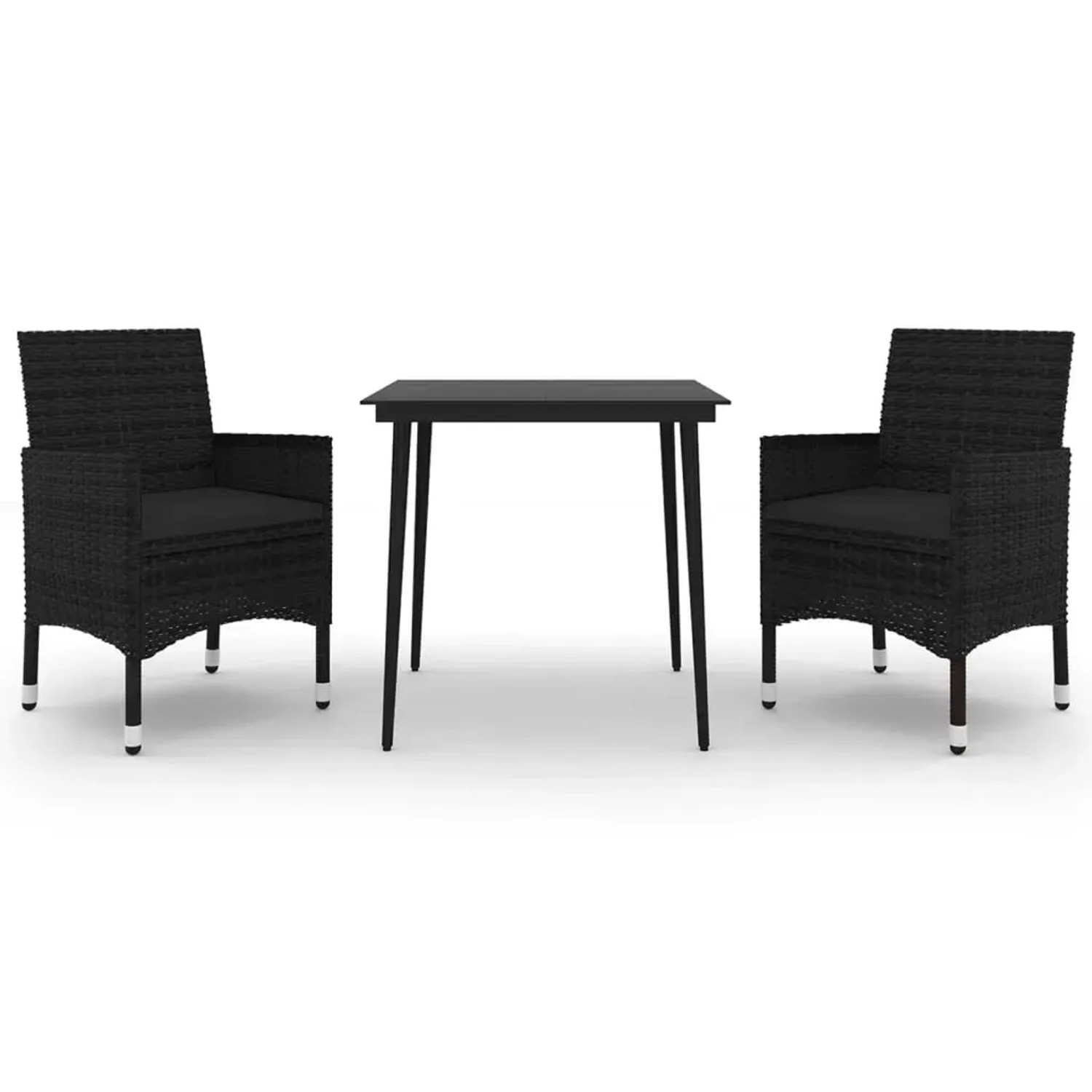 Schwarze 3-tlg. Garten-Essgruppe aus Rattan mit Glastisch und Stühlen mit Auflagen.