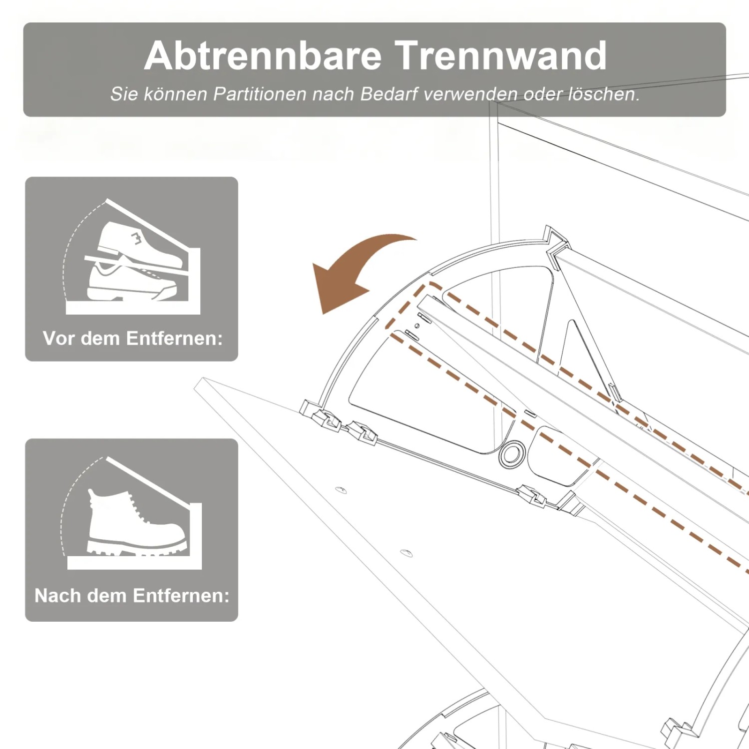 Schuhschrank-Klappfach mit entfernbarer Trennwand für flexible Schuhgrößen wie Stiefel. PXloue Garderobenset.