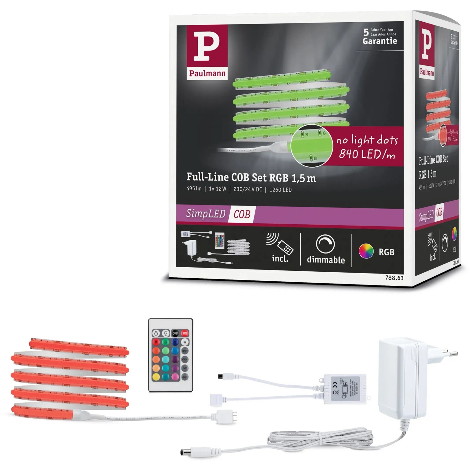 Paulmann SimpLED LED Strip COB 1,5m Komplettset, mehrfarbig, mit Netzteil und Fernbedienung.