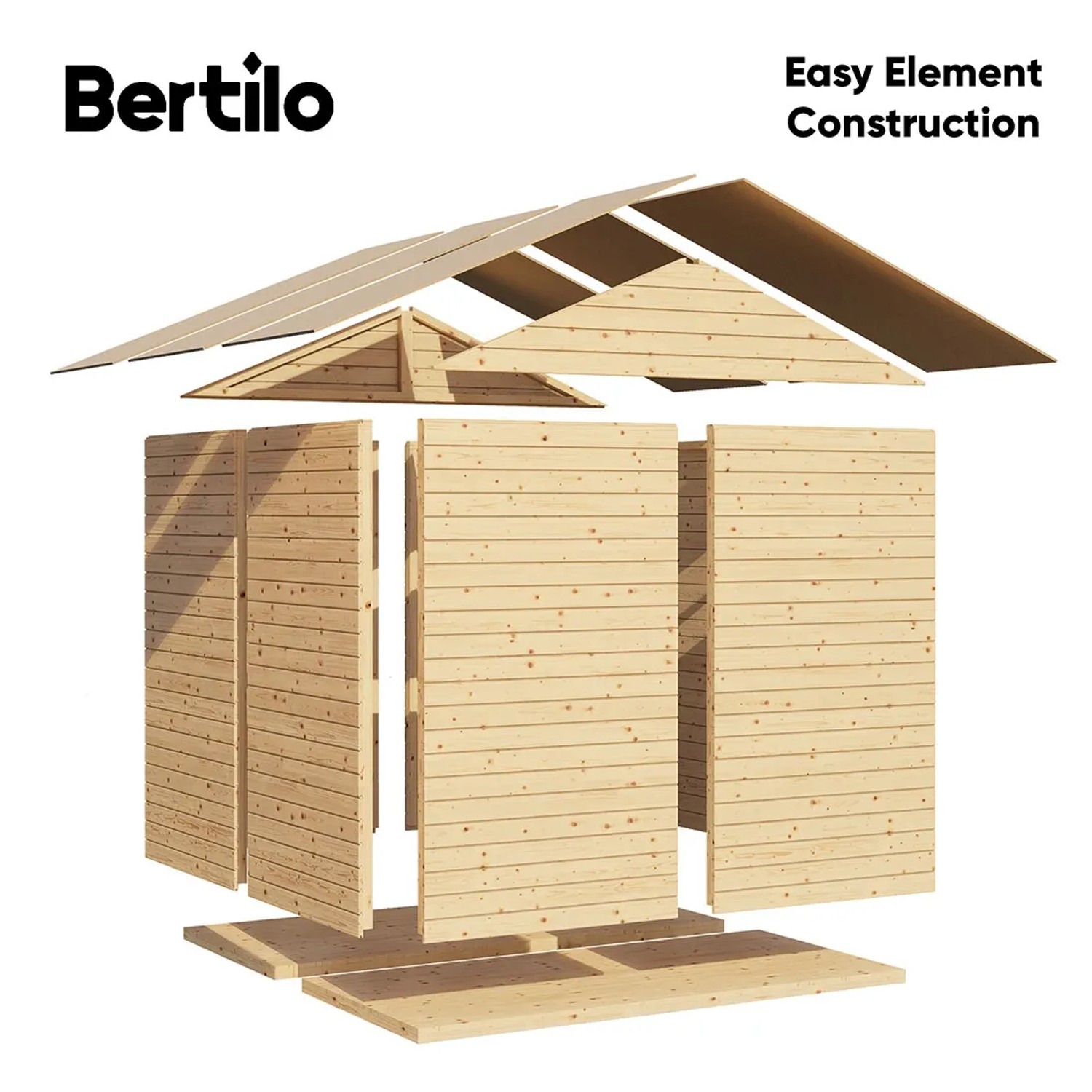 Bertilo Holz-Gartenhaus Osterbek als Bausatz mit Elementen für Wände und Dach.