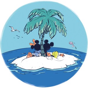 Runde Vliesfototapete mit Mickey und Minnie auf einer Insel unter einer Palme.
