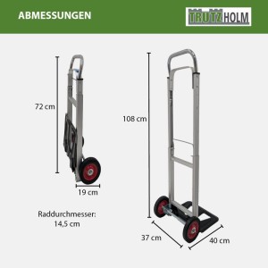 Abmessungen der TRUTZHOLM Aluminium Sackkarre, klappbar: aufgeklappt 108cm, eingeklappt 72cm hoch.