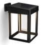 Eckige, schwarze Philips Solar-Wandleuchte Camill mit Glaszylinder und Solarpanel.