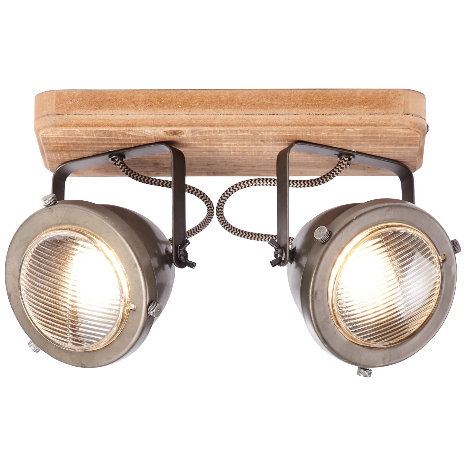 Brilliant Spot Carmen: 2-flammiger Deckenstrahler aus Holz und Stahl in Burned Steel Optik.