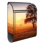 Design Briefkasten mit Sonnenaufgang Motiv, schwarz pulverbeschichtet, mit Zeitungsfach.