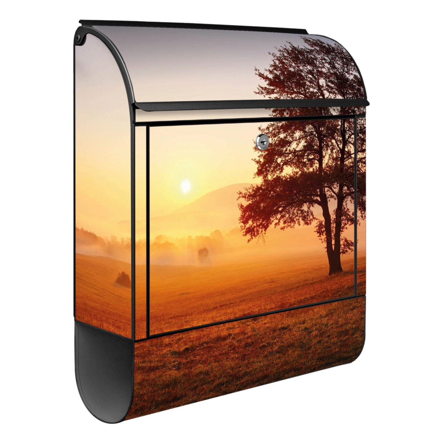 Design Briefkasten mit Sonnenaufgang Motiv, schwarz pulverbeschichtet, mit Zeitungsfach.