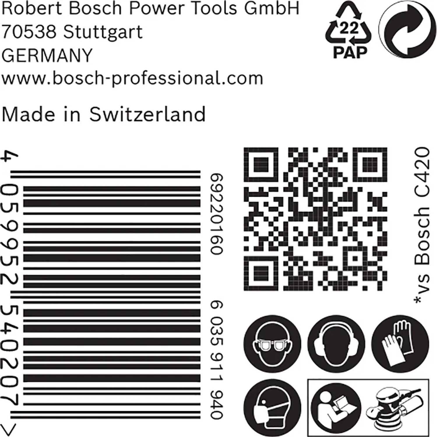Verpackung Bosch Expert Netzschleifblatt M480 K120, Hinweise zu Schutzausrüstung und QR-Code.