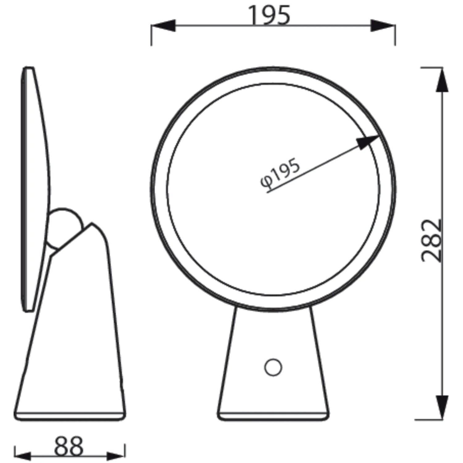 Technische Zeichnung: Philips Tischleuchte Mirror mit Spiegel, Maße und Details.