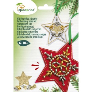 My Mandarine Kreativset: Zwei Weihnachtssterne aus Filz, rot und weiß, mit gold-silbernen Perlen verziert. Adventschmuck.