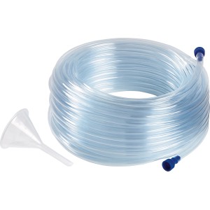 LUX Schlauchwasserwaage Classic 30m mit Trichter und Stöpseln, aufgerollt.