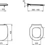 Technische Zeichnung: Ideal Standard Connect WC-Sitz, flaches Design, Softclosing, weiße Ausführung, Maße.