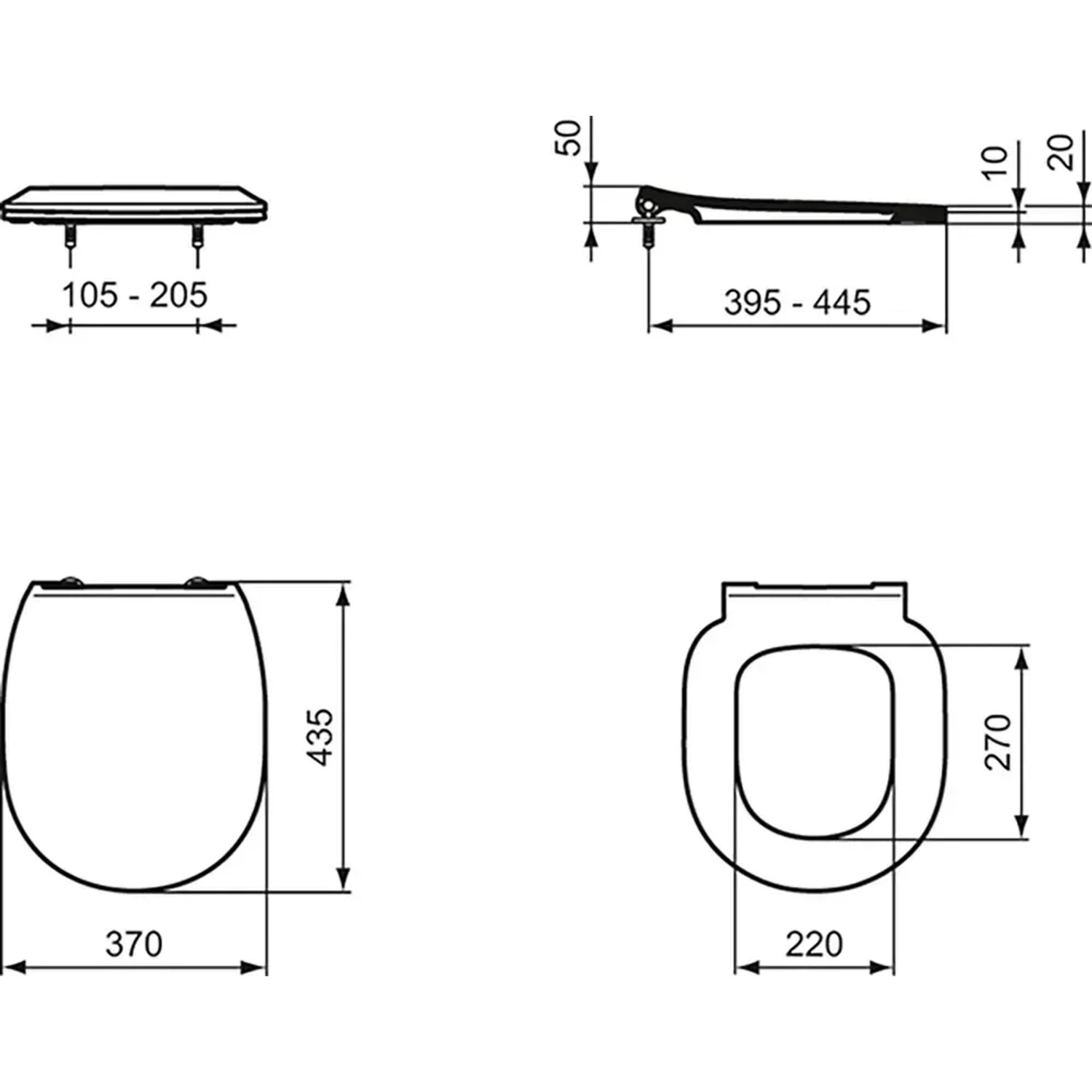 Technische Zeichnung: Ideal Standard Connect WC-Sitz, flaches Design, Softclosing, weiße Ausführung, Maße.