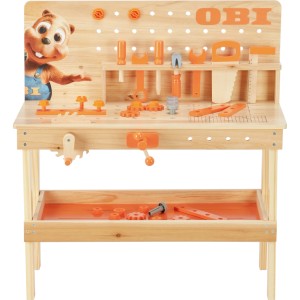 OBI Kinderwerkbank aus Holz, natur/orange, mit Werkzeugen und Ablage. Perfekt für kleine Handwerker.
