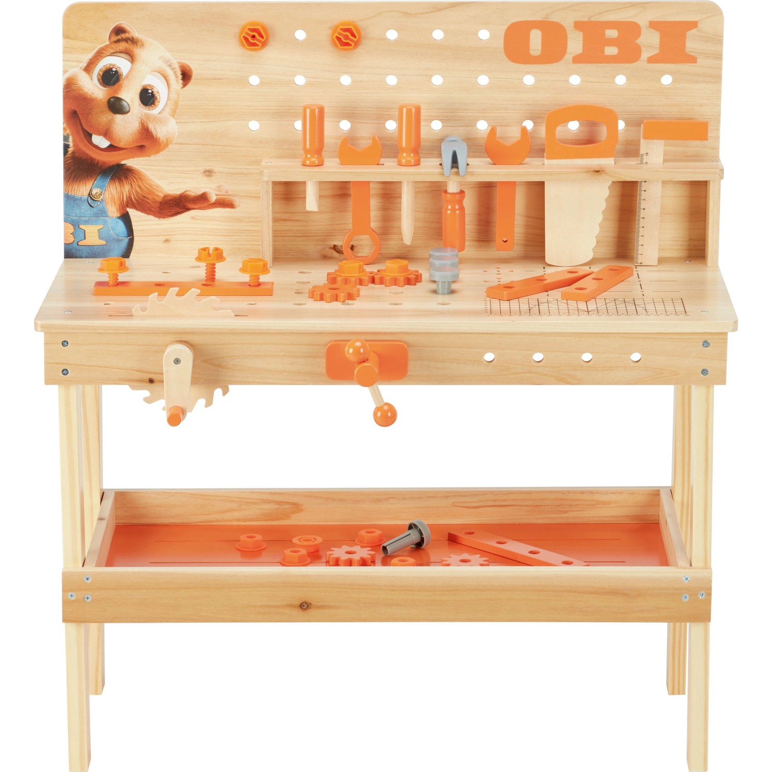 OBI Kinderwerkbank aus Holz, natur/orange, mit Werkzeugen und Ablage. Perfekt für kleine Handwerker.