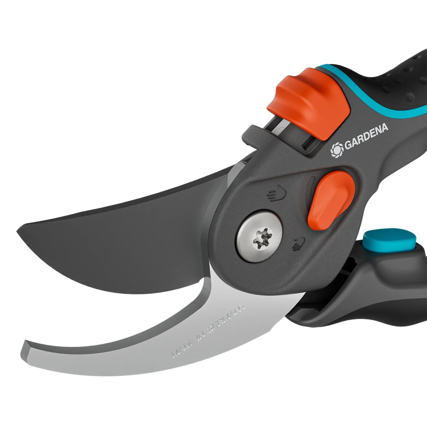 Gardena Gartenschere PremiumCut Pro Flex Bypass, Graue Gartenschere mit orangefarbenen Akzenten.