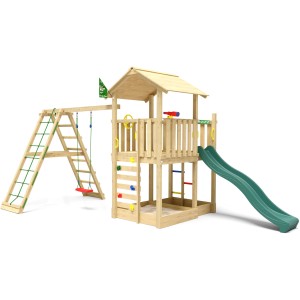 Jungle Gym Spielturm Chateau mit Schaukel, Kletterbock und Rutsche in Dunkelgrün.