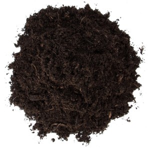 Nahaufnahme von Floragard Bio-Universalerde, einer dunklen, krümeligen Erde.